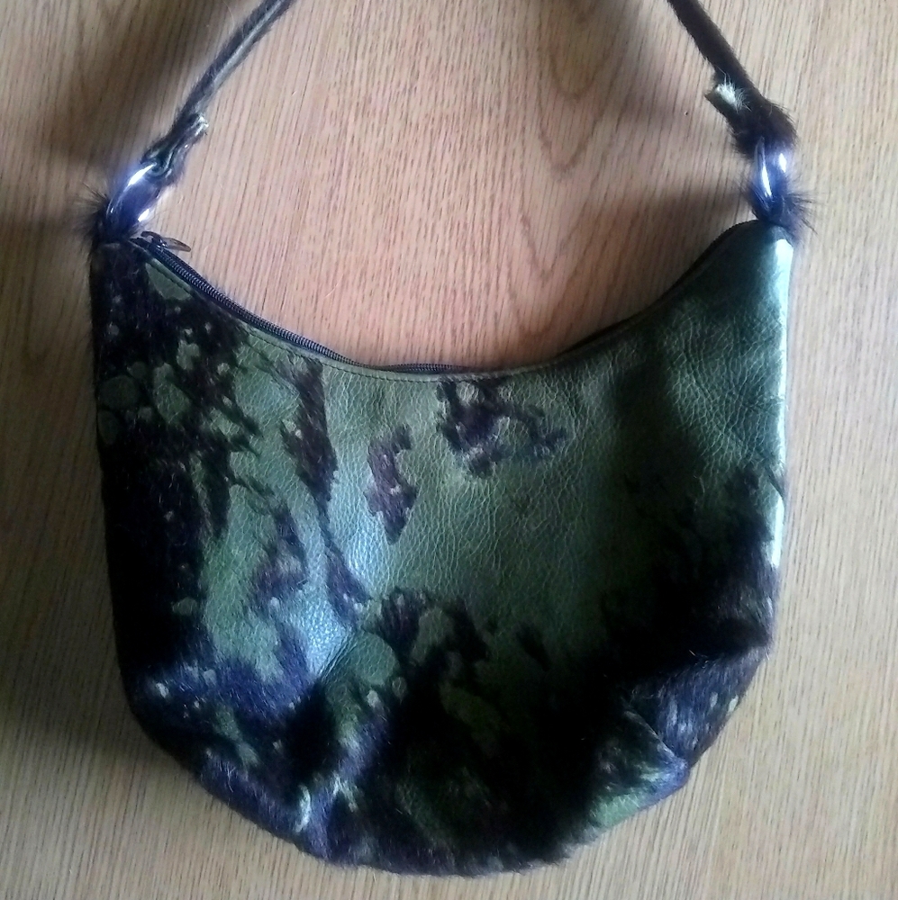 Acid washed rare hair-on green cowhide purse bag